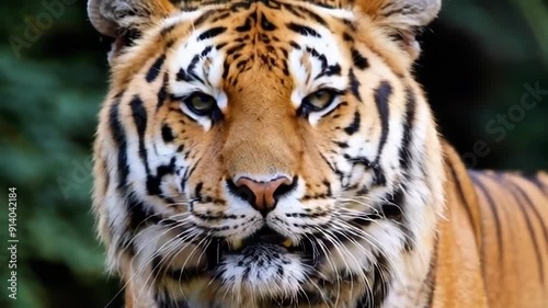 A close up view of a tiger, showcasing its striking fur and intense gaze