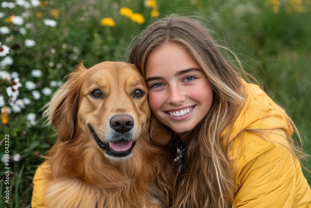 A young girl in a yellow jacket, smiles brightly while hugging her golden retriever in a lush meadow filled with blooming wildflowers, capturing a moment of joy and companionship. A young girl in a yellow jacket, smiles brightly while hugging her golden retriever in a lush meadow filled with blooming wildflowers, capturing a moment of joy and companionship.