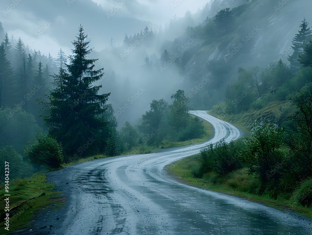 Winding Mountain Road in the Rain Mist and Fog Creating a Dramatic and Mysterious Landscape Winding Mountain Road in the Rain Mist and Fog Creating a Dramatic and Mysterious Landscape