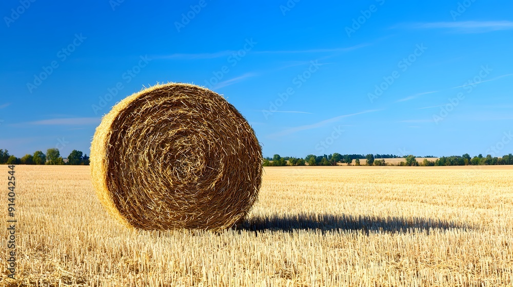 Golden hay bale, round straw roll, harvested wheat field, clear blue sky, cloudless summer day, vibrant countryside, rural landscape, panoramic view, sun-drenched farmland.