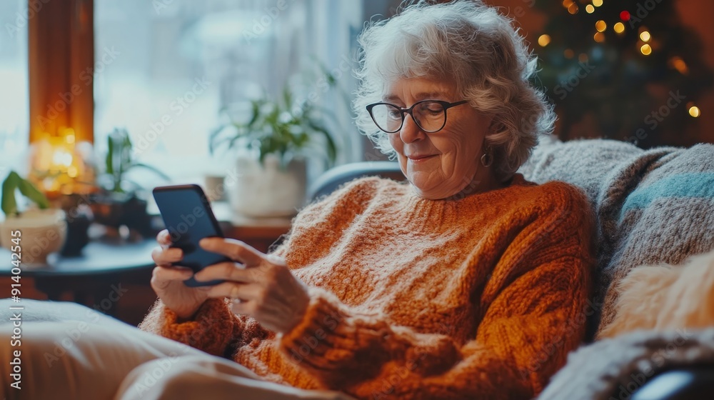 Obraz premium Senior woman embracing technology digital literacy and connection in cozy living room