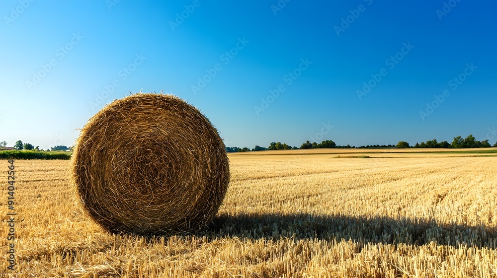 Golden hay bale, round straw roll, harvested wheat field, clear blue sky, cloudless summer day, vibrant countryside, rural landscape, panoramic view, sun-drenched farmland. Golden hay bale, round straw roll, harvested wheat field, clear blue sky, cloudless summer day, vibrant countryside, rural landscape, panoramic view, sun-drenched farmland.