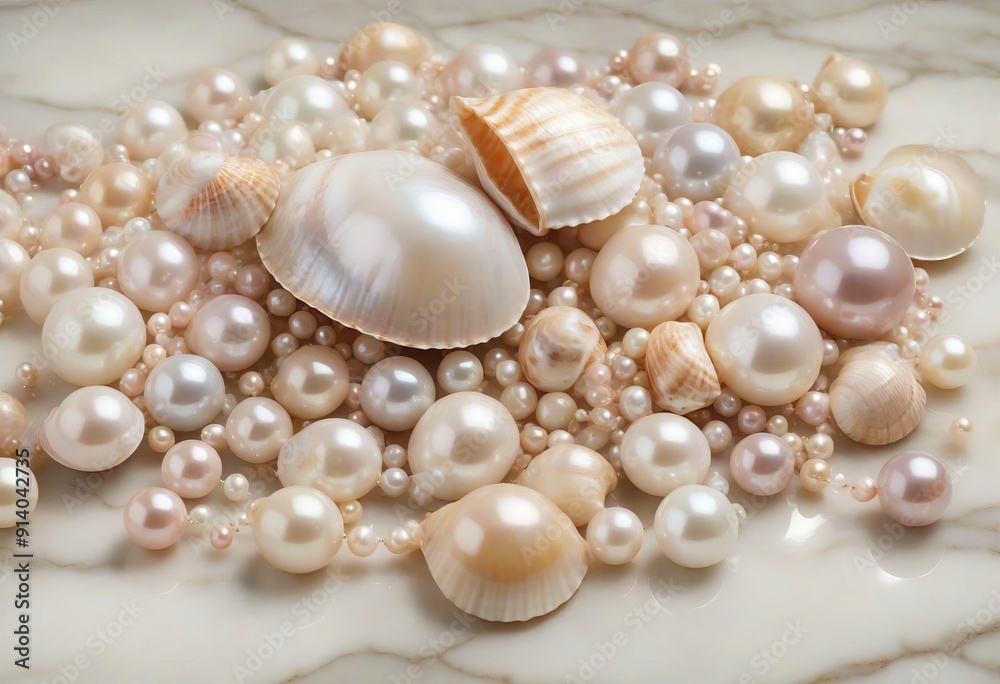 pearls in a shell on a marble background pearls in a shell on a marble background