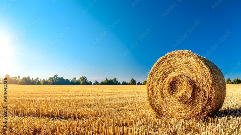 Golden hay bale, round straw roll, harvested wheat field, clear blue sky, cloudless summer day, vibrant countryside, rural landscape, panoramic view, sun-drenched farmland. Golden hay bale, round straw roll, harvested wheat field, clear blue sky, cloudless summer day, vibrant countryside, rural landscape, panoramic view, sun-drenched farmland.