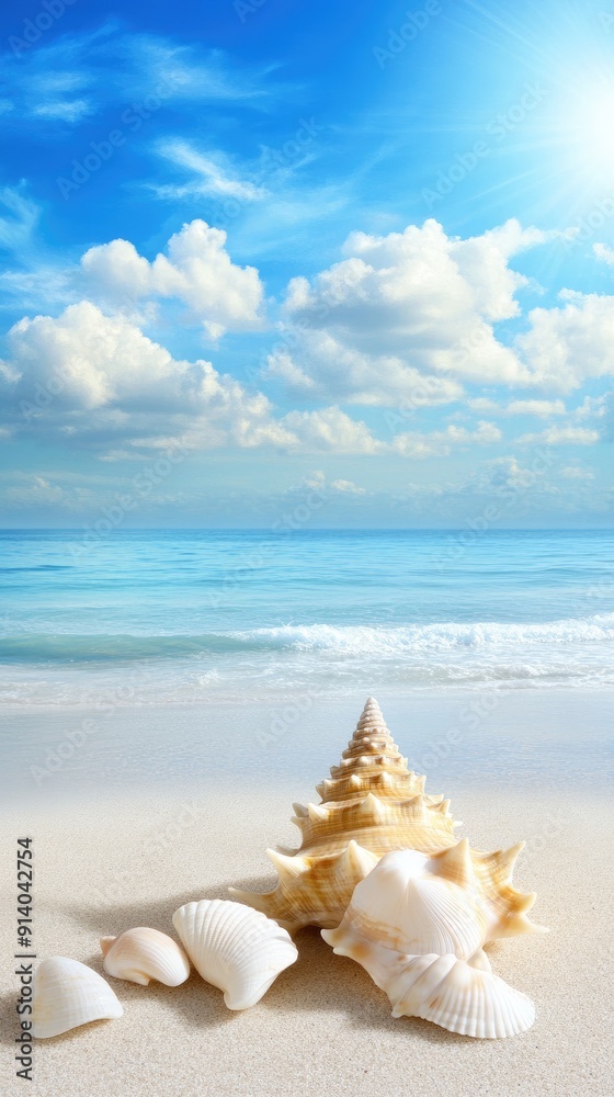 Various seashells rest on golden sand, illuminated by sunlight, with the serene ocean and bright clouds in the background Various seashells rest on golden sand, illuminated by sunlight, with the serene ocean and bright clouds in the background