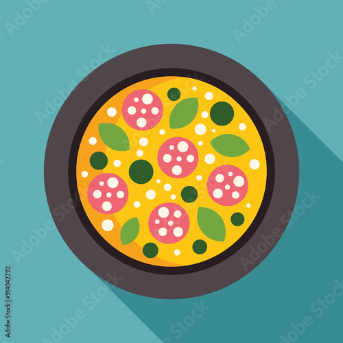 Freshly baked pizza with salami, cheese and basil, served on a round plate, perfect for restaurant menus, food blogs, or any culinary project