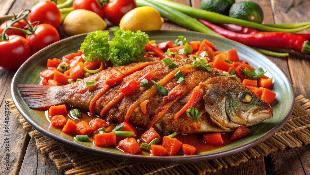 Vibrant Indonesian-style tilapia fish dish with flavorful red sauce, carrots, and assorted vegetables, perfectly arranged on a plate for a nutritious and appetizing meal. Vibrant Indonesian-style tilapia fish dish with flavorful red sauce, carrots, and assorted vegetables, perfectly arranged on a plate for a nutritious and appetizing meal.