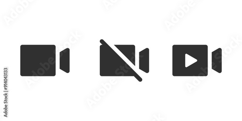 Simple set of cameras on, off and with play button isolated on white background. Vector icons in flat style