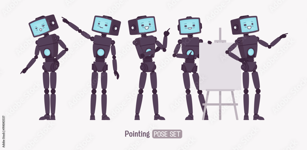 Robot friend smart cute AI technology chat bot pointing pose set, black ...