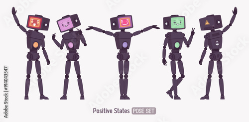 Robot friend smart cute AI technology chat bot happy set, black retro body, artificial intelligence assistant, interactive online helper, CRT computer head colored screen face. Vector illustration