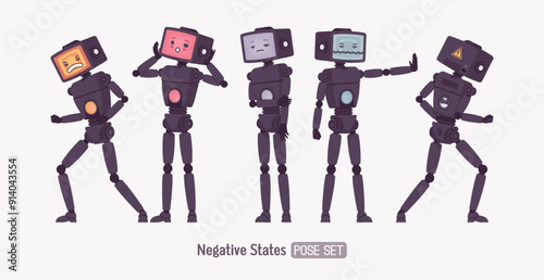 Robot friend smart cute AI technology chat bot unhappy set, black retro body, artificial intelligence assistant, interactive online helper, CRT computer head colored screen face. Vector illustration