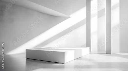 Minimalist white room, bright interior, geometric shapes, abstract architecture, clean lines, white podium, soft shadows, sunbeams, light rays, futuristic space, empty gallery.