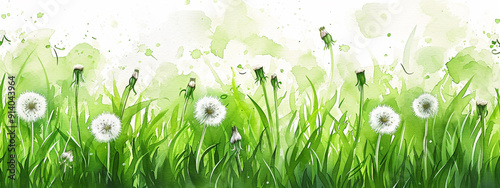 Watercolor drawing of dandelions with green grass. Summer floral background.