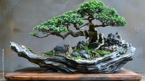 A bonsai tree styled in the form, its branches swept to one side as if by a strong breeze  photo