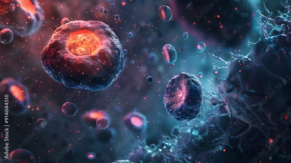 Microscopic view inside cell, banner with abstract background of microbiology, micro structure and life close-up. Concept of science, microscope, macro, biology and bacteria Microscopic view inside cell, banner with abstract background of microbiology, micro structure and life close-up. Concept of science, microscope, macro, biology and bacteria