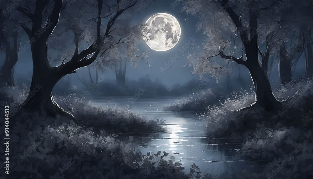 Naklejka premium Moonlit Majesty: A Solitary House Gazing Upon the Tranquil Waters