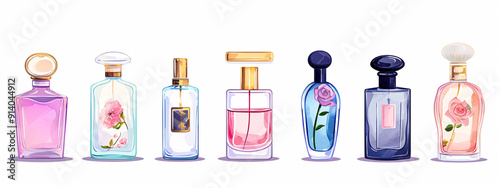 Perfume bottles drawing. Colorful cosmetics container illustration.