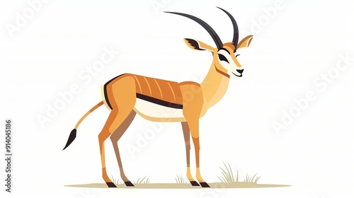 A flat vector illustration of an African wild black-tailed gazelle with long horns, shown in a side view with its head turned backward.  photo