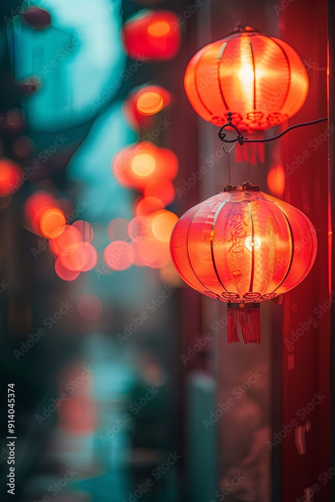 Glowing red lanterns with a blurred background, a festive celebration. Glowing red lanterns with a blurred background, a festive celebration.