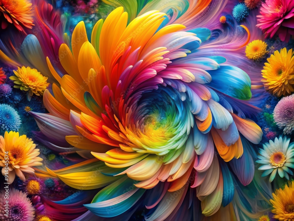 Vibrant flower petals swirl in a mesmerizing whirlwind of colors, radiating energy and dynamism, creating a stunning abstract visual experience that pops with vitality. Vibrant flower petals swirl in a mesmerizing whirlwind of colors, radiating energy and dynamism, creating a stunning abstract visual experience that pops with vitality.