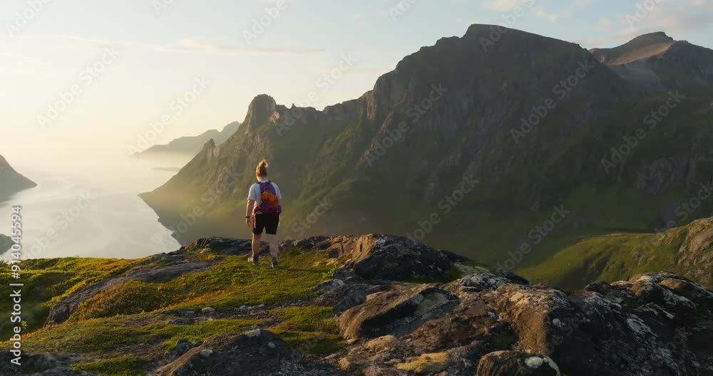 Hiker wander in arctic Norway mountain reveal majestic fjord in vibrant sunset