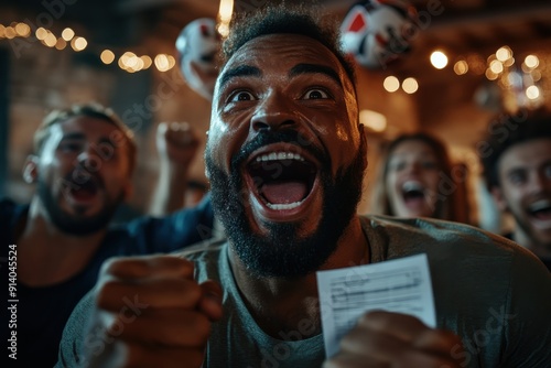 A man, visibly sweating with excitement, holds a ticket and cheers passionately in a lively sports bar, surrounded by friends celebrating a thrilling win.