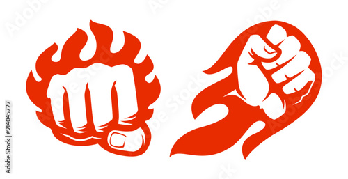 Punching fist in flames of fire emblem. Fighting spirit sport logo or icon. Hand clenched power strength symbol
