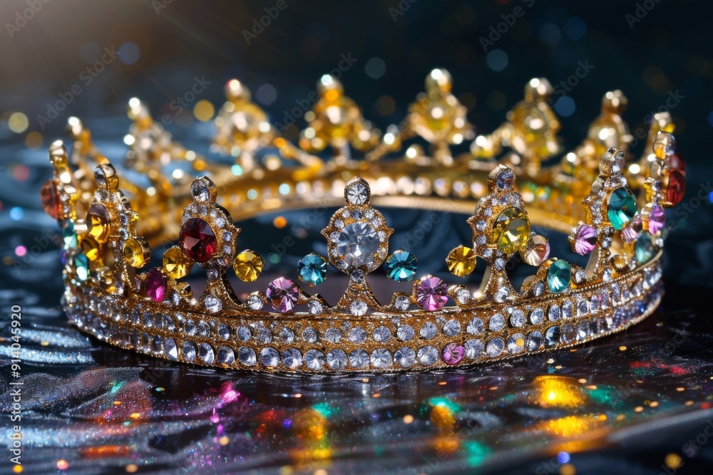 A golden crown with colorful gemstones sparkling under dramatic lighting, symbolizing royalty, luxury, and elegance A golden crown with colorful gemstones sparkling under dramatic lighting, symbolizing royalty, luxury, and elegance