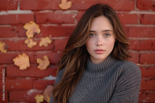 Portrait of a young woman standing against a red brick wall with autumn leaves, exuding a cozy fall vibe.