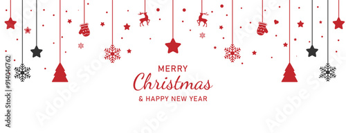 Christmas greeting in the form of a hanging garland with Christmas tree decorations. Vector
