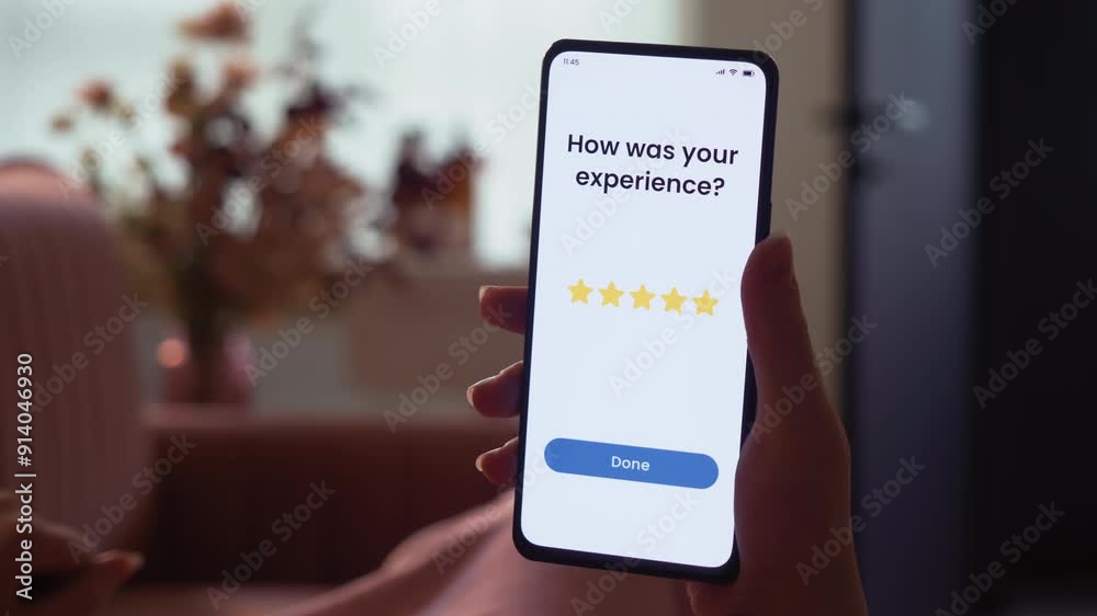Giving five star rating review online. Excellent customer experience evaluation. Fictional Interface.