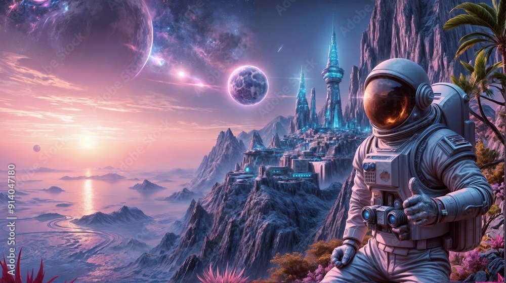Astronaut in a Futuristic Landscape with Cosmic Elements Astronaut in a Futuristic Landscape with Cosmic Elements