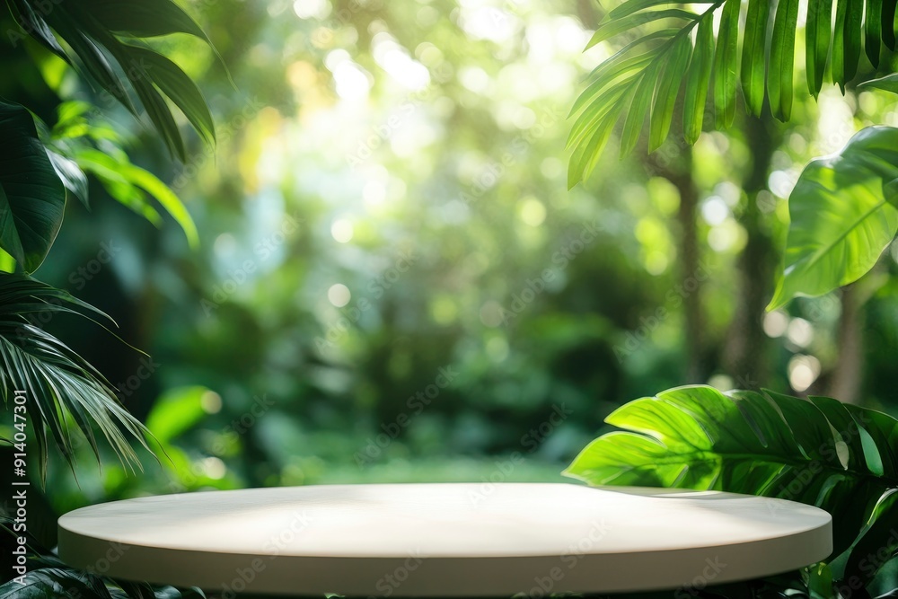 Minimal podium table top outdoors blur green leaf tropical forest plant background.beauty cosmetic healthy natural product placement pedestal display,jungle paradise concept with generative ai