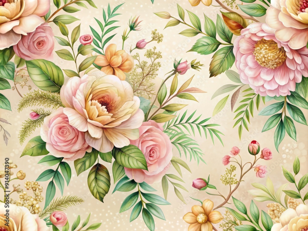Delicate, hand-drawn pink and peach flowers, lush greenery, and ornate golden accents adorn a soft, cream-colored background, evoking a sense of romantic elegance and vintage charm. Delicate, hand-drawn pink and peach flowers, lush greenery, and ornate golden accents adorn a soft, cream-colored background, evoking a sense of romantic elegance and vintage charm.