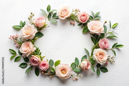 Delicate rose wreath border mockup with intricate leaf patterns, set against a crisp white background, showcasing harmonious balance of positive and negative spaces.