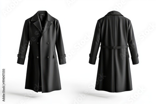 Black trench coat front and back view on white background