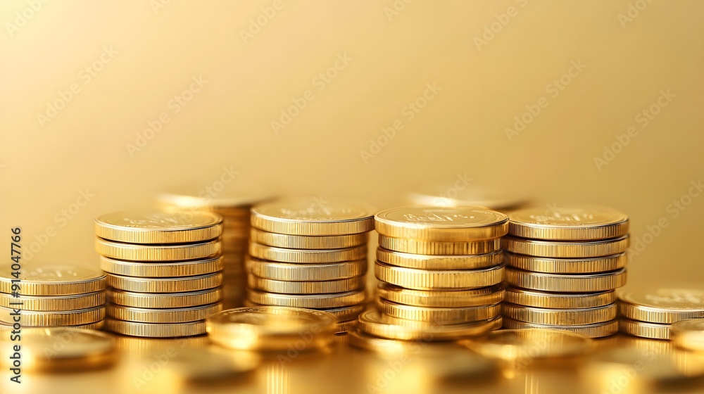 Stacks of gold coins on light gold background, financial wealth concept, golden currency, shiny metal texture, ascending piles of money, investment growth visualization.