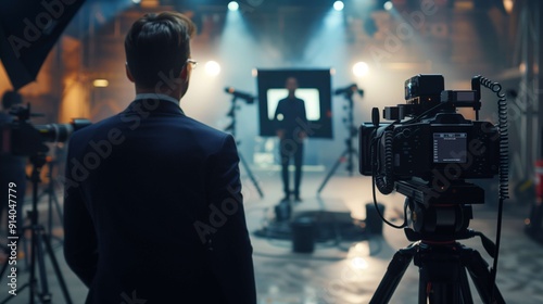 Film director watches an actor perform in front of a green screen on a busy set. The crew collaborates to create a tv show with cameras, lights, and sound