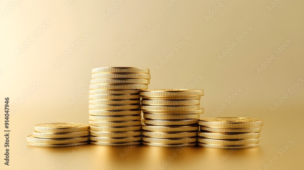 Stacks of gold coins on light gold background, financial wealth concept, golden currency, shiny metal texture, ascending piles of money, investment growth visualization. Stacks of gold coins on light gold background, financial wealth concept, golden currency, shiny metal texture, ascending piles of money, investment growth visualization.