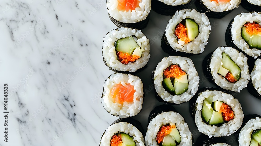 Sushi rolls, vegetarian maki, cucumber avocado rolls, white marble countertop, overhead view, fresh Japanese cuisine, vibrant colors, nori seaweed wrap, rice texture, sliced vegetables. Sushi rolls, vegetarian maki, cucumber avocado rolls, white marble countertop, overhead view, fresh Japanese cuisine, vibrant colors, nori seaweed wrap, rice texture, sliced vegetables.