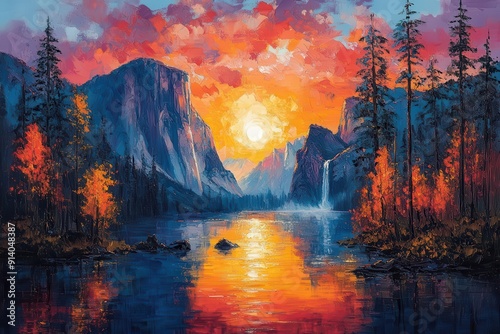 artistic interpretation of yosemite national park bold brush strokes capturing iconic half dome and waterfalls vibrant colors evoking the majesty of nature photo