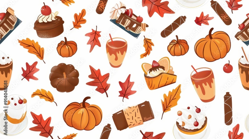 Seamless pattern of autumn treats, pumpkins, and leaves on a white background. Perfect for fall, Thanksgiving, and festive designs. Seamless pattern of autumn treats, pumpkins, and leaves on a white background. Perfect for fall, Thanksgiving, and festive designs.
