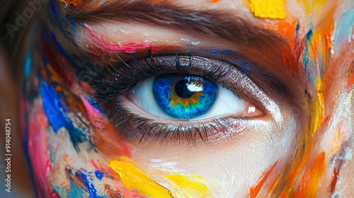 Vibrant eye art  close up painting with multicolored brushes and paint for a creative look photo