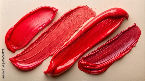 Vibrant red lip tint textures showcased on a neutral background, featuring smooth liquid blush, lipstick, and lip gloss swatches with varying sheens and finishes. photo