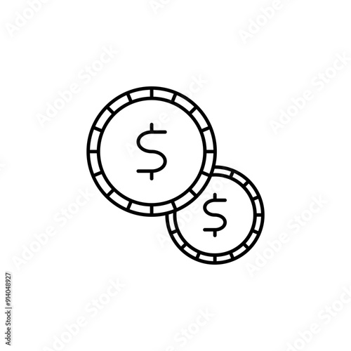 Outline icon of two overlapping coins with dollar symbol, simple line art, financial symbol, money icon, payment symbol, currency, banking, investment, business, economy, commerce