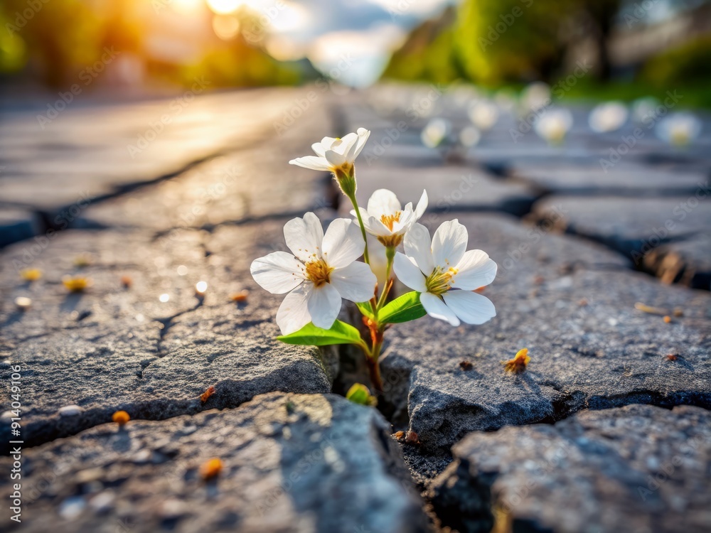 Fototapeta premium Delicate white blooms emerge from cracked asphalt, symbolizing resilience, as soft focus captures gentle petals unfurling amidst urban neglect and desolate city streets.