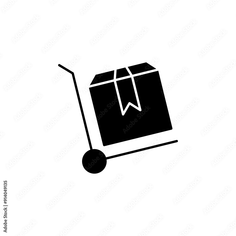 A sleek and minimalist black vector icon depicting a hand truck or dolly with a closed cardboard box on top, representing delivery, shipping, logistics, and transportation.