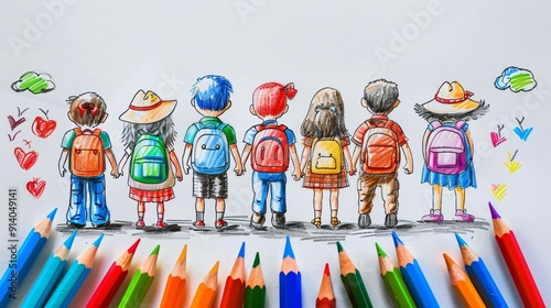 Rentrée scolaire, dessin d'enfant allant à l'école, avec des crayons de couleurs au premier plan, sur fond blanc, ia générative