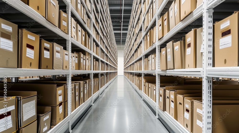 Fototapeta premium Long corridor going through rows of tall shelves full of cardboard boxes, evoking a storage facility, a warehouse or an archive