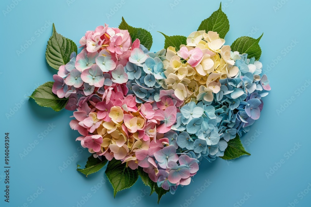 Obraz premium Heart-shaped floral arrangement of vibrant hydrangeas in various colors against a blue background, symbolizing love and beauty.